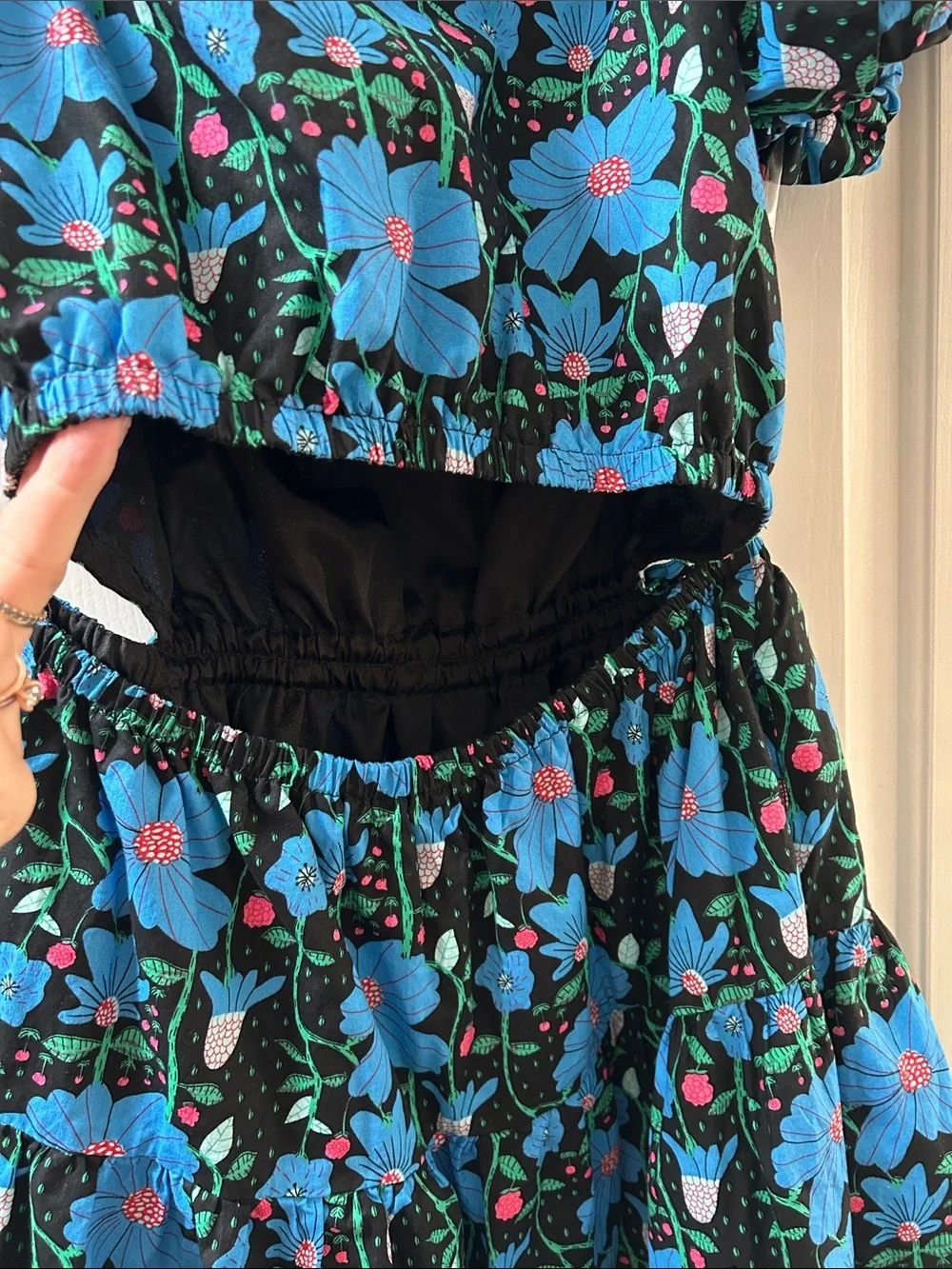 M &Merci Black Floral Tiered Dress with Blue Flowers